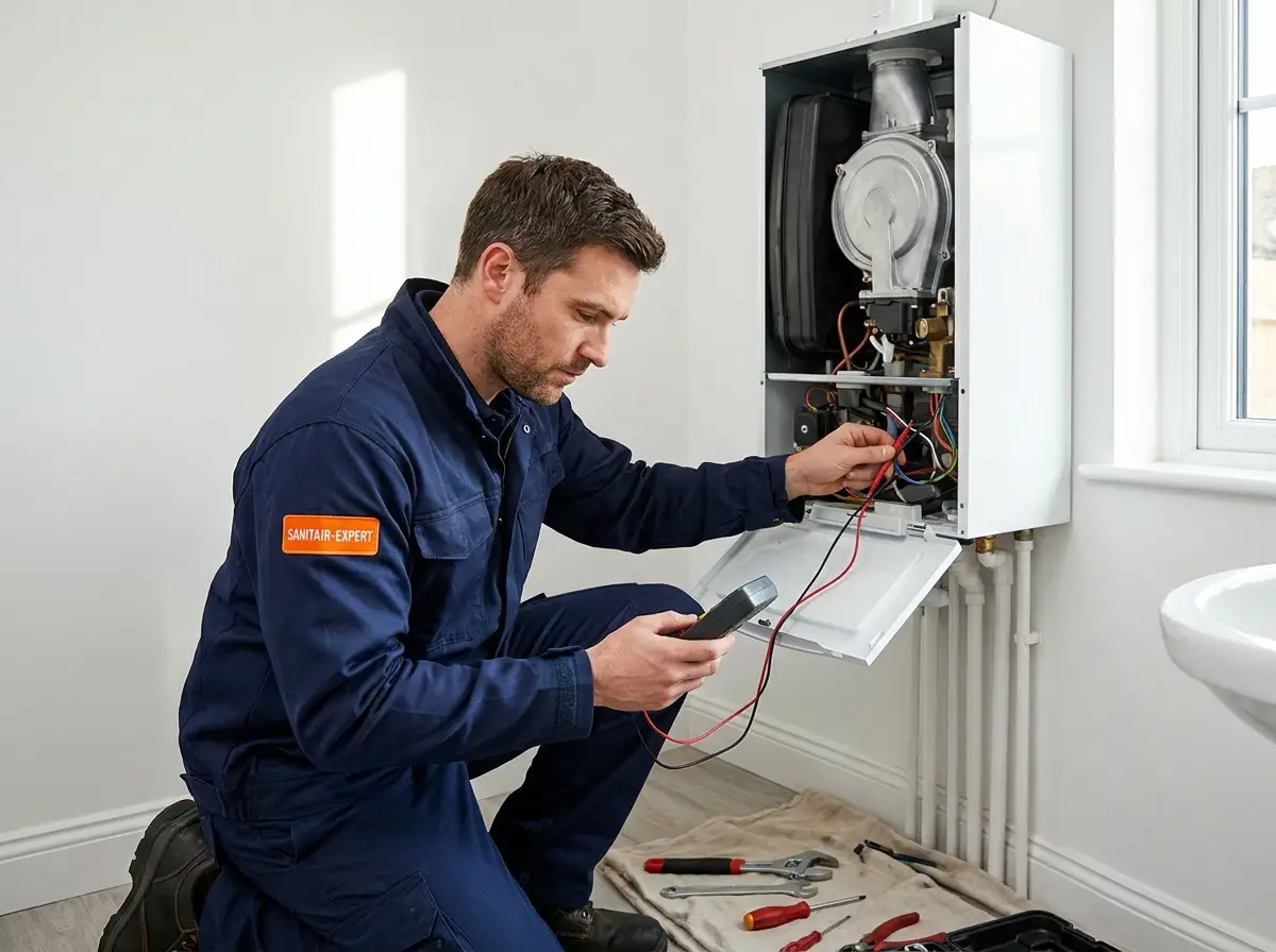 Technicien Sanitair-Expert entretenant une chaudière