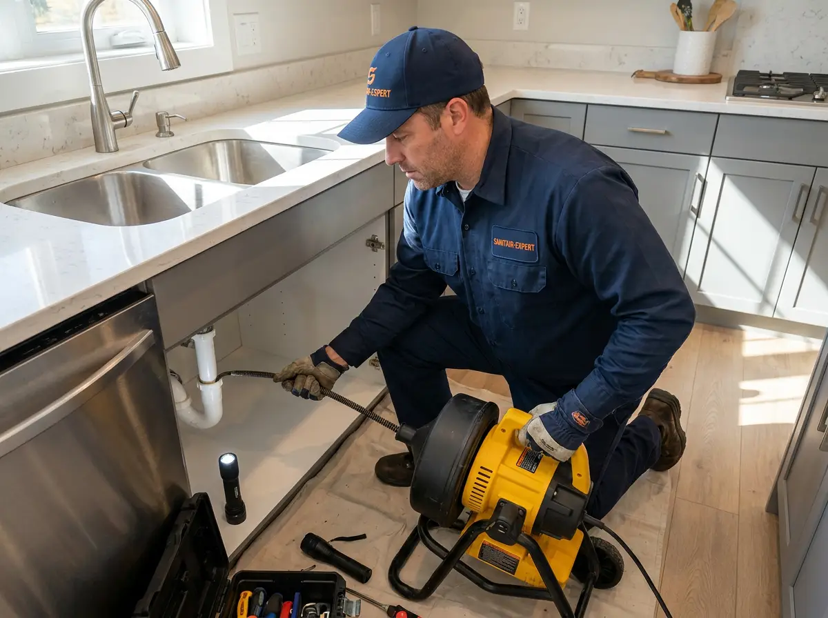 Technicien Sanitair-Expert débouchant un évier de cuisine