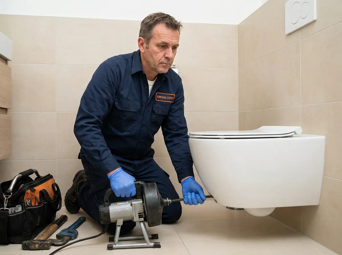 Technicien Sanitair-Expert débouchant un WC