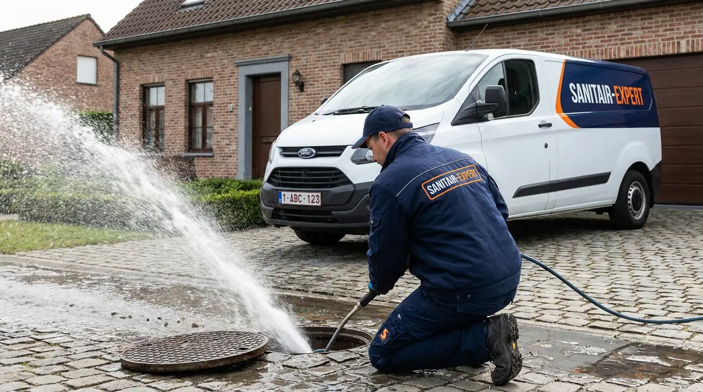Technicien Sanitair-Expert réalisant un hydrocurage haute pression d’une canalisation