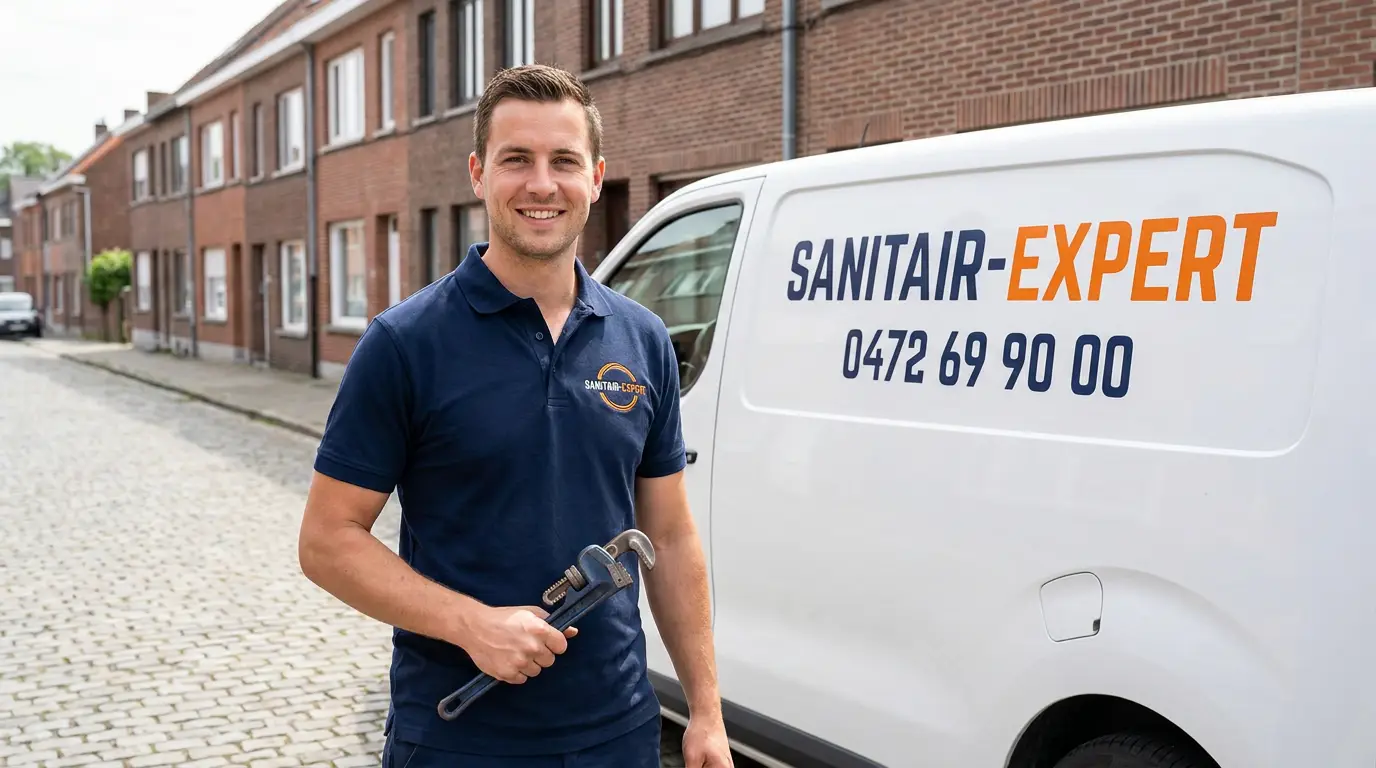 Technicien Sanitair-Expert en uniforme devant son véhicule d’intervention en Wallonie et à Bruxelles